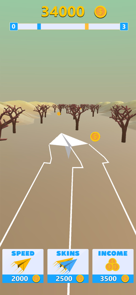 Fly Paper Plane Gameのゲームプレイ、砂漠の環境を飛ぶ白い紙飛行機、コイン、スピード、スキン、収入のアップグレードボタン
