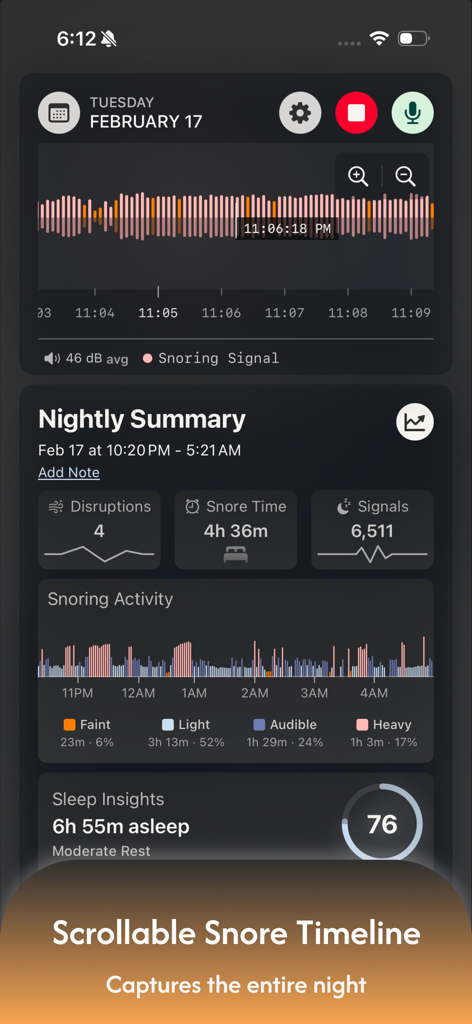 Snore Timeline - Snore Timeline app nightly summary screen showing sleep insights and snoring activity