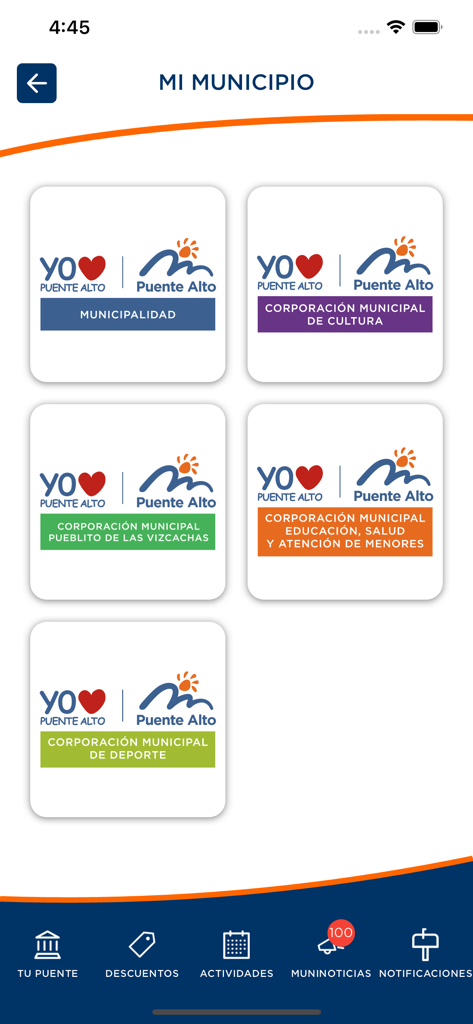 Tu Puente - Pantalla de menú de la aplicación Tu Puente que muestra diferentes departamentos municipales de Puente Alto