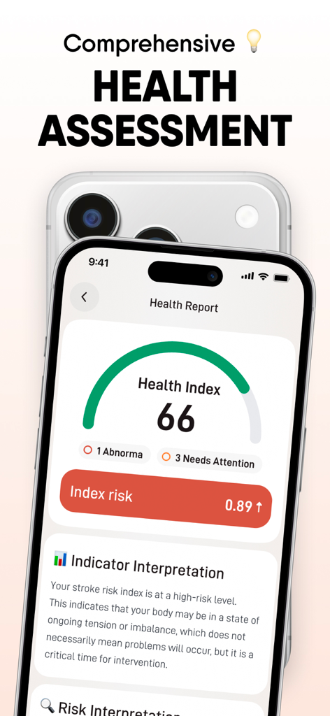 TruePulse app interface showing a comprehensive health assessment with a health index score and risk analysis.