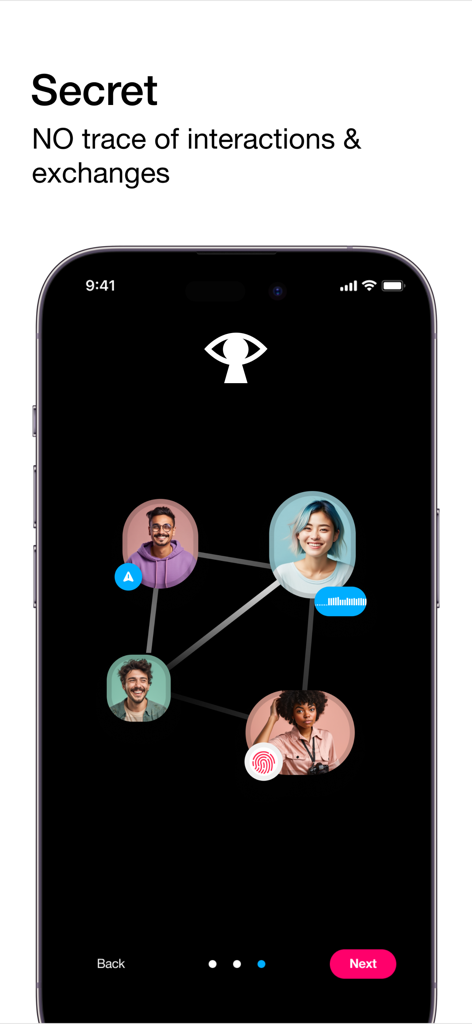 Skred Messenger app interface showing a secure network of contacts with no trace of interactions
