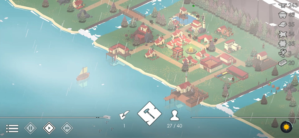 The Bonfire 2 Uncharted Shores - Isometric view of a coastal settlement and buildings during a rainy day in The Bonfire 2 Uncharted Shores.