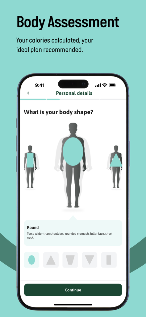 Kcal Meal Plans - Schermata dell'app Kcal Meal Plans per la valutazione del corpo e la selezione della forma per personalizzare gli obiettivi nutrizionali