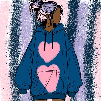 realistic girl with a oversized sweatshirt on and a bun