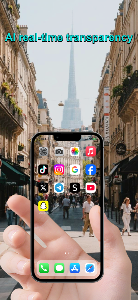 GlassPhone - Transparen Phone - Mano sosteniendo un smartphone con un efecto de pantalla transparente mostrando aplicaciones sobre un fondo de ciudad