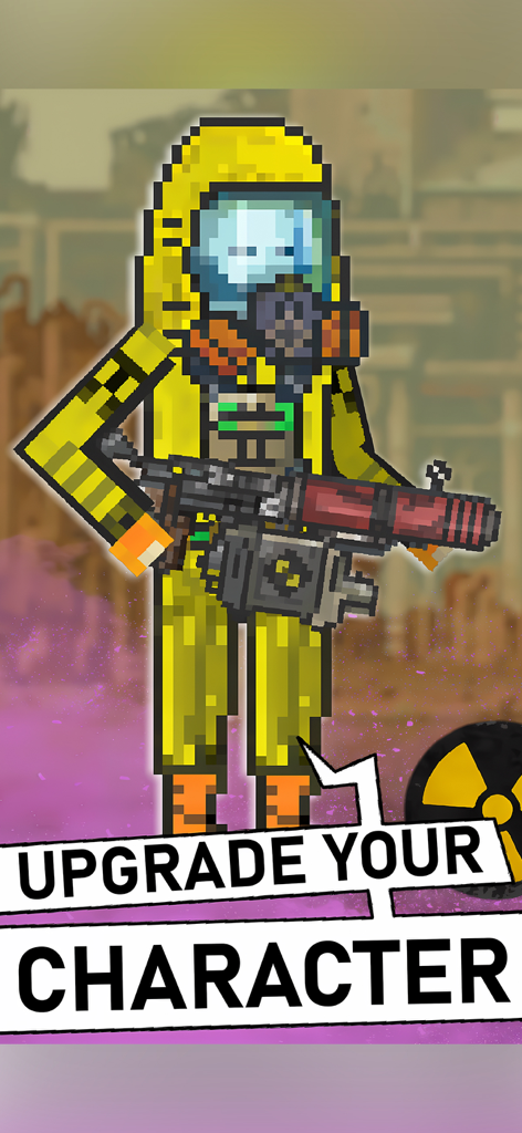 Pocket ZONE - Pixel art survivor in a yellow hazmat suit holding a large weapon with text reading Upgrade Your Character