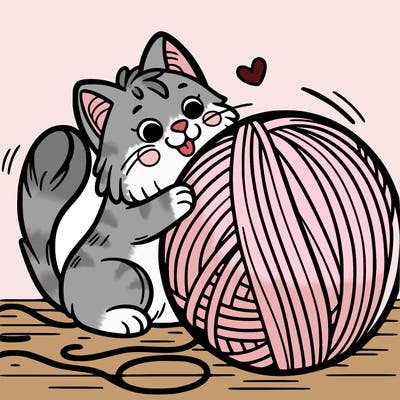 a cat playing with a big ball of yarn