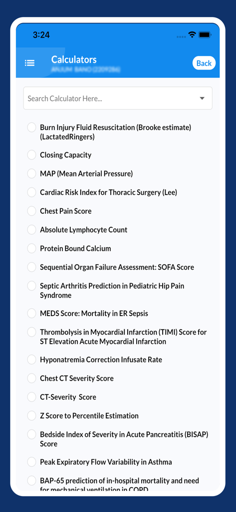 Digi Doctor HIS - A list of professional medical calculators in the Digi Doctor HIS mobile app interface
