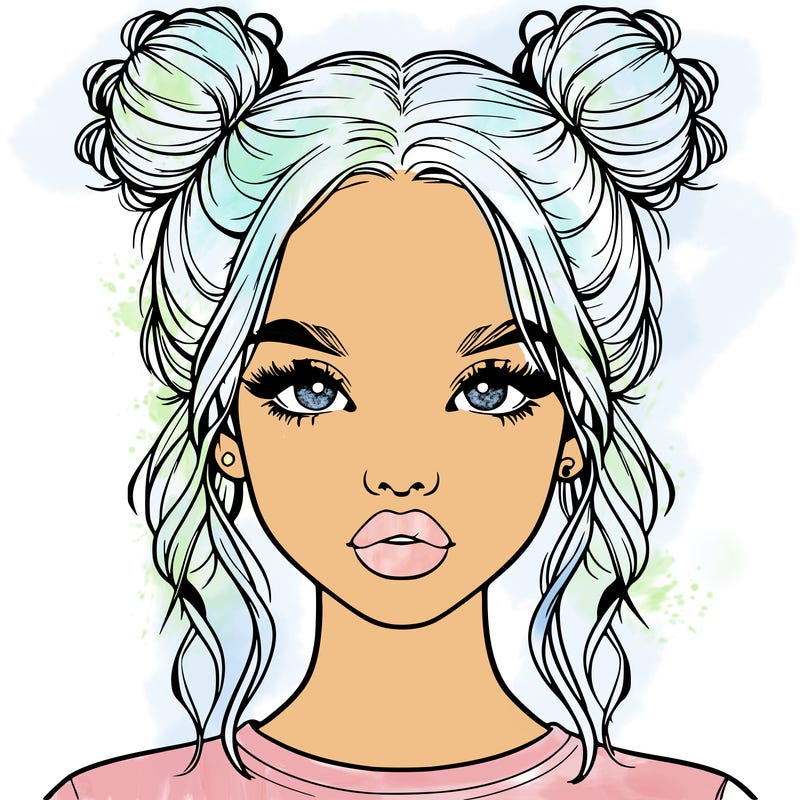 realistic girl with two buns in hair and lips