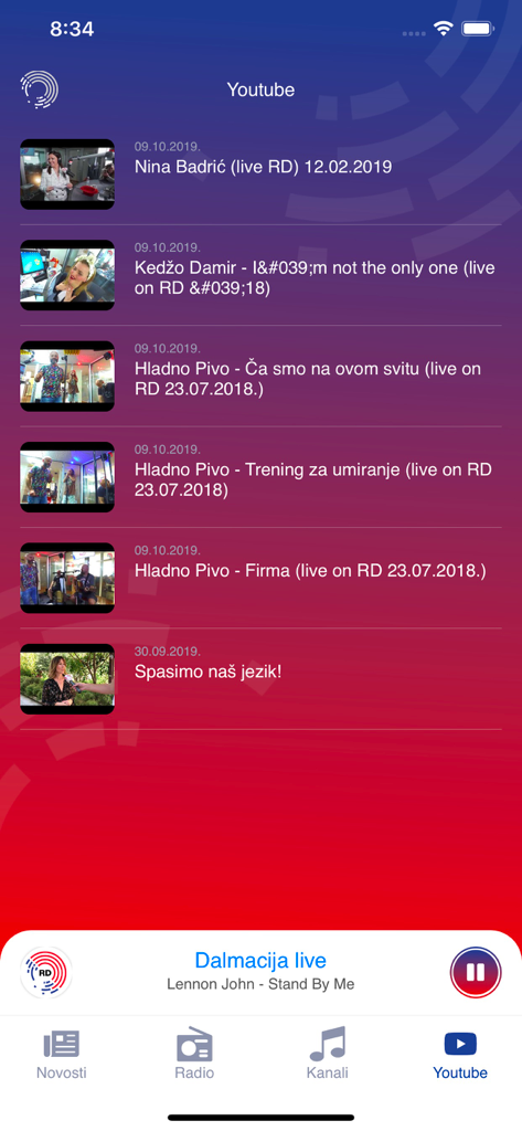 Radio Dalmacija - A list of Croatian music videos and live performances in the Youtube section of the Radio Dalmacija app.