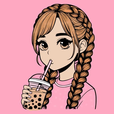 realistic girl with braided hair drinking boba