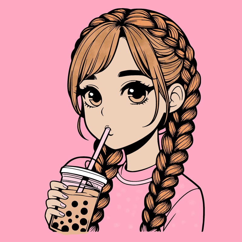 realistic girl with braided hair drinking boba