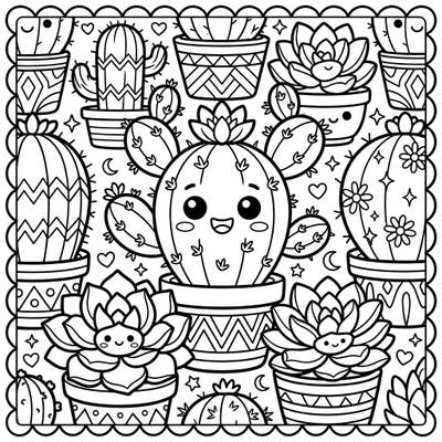 Discover a charming collection of Kawaii cacti and succulents, each bursting with personality and adorable details. This delightful coloring page is perfect for plant lovers seeking a sweet and relaxing artistic escape.