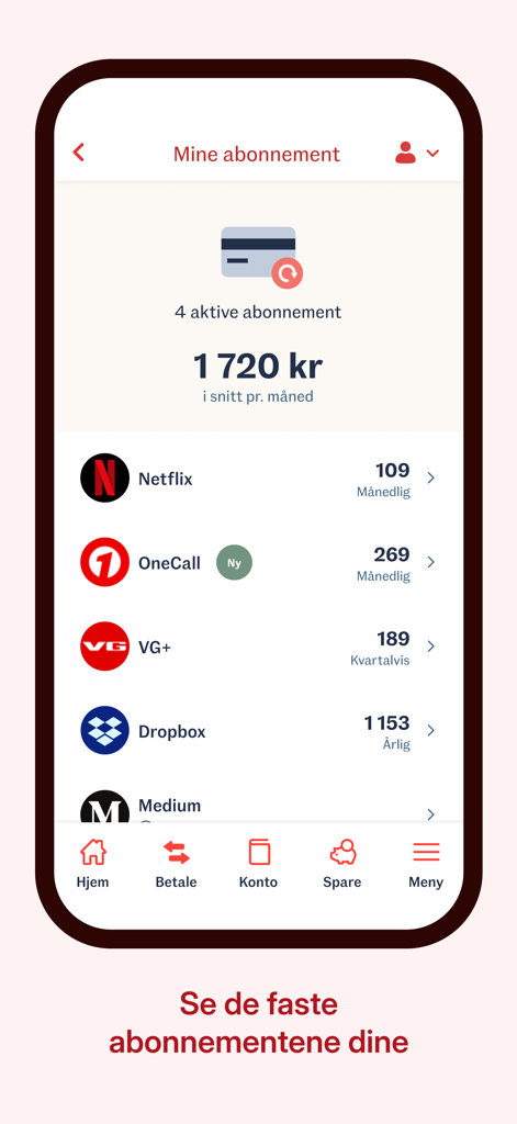 Sparebanken Norge Mobilbank - Overview of active subscriptions and monthly expenses in the Sparebanken Norge Mobilbank app
