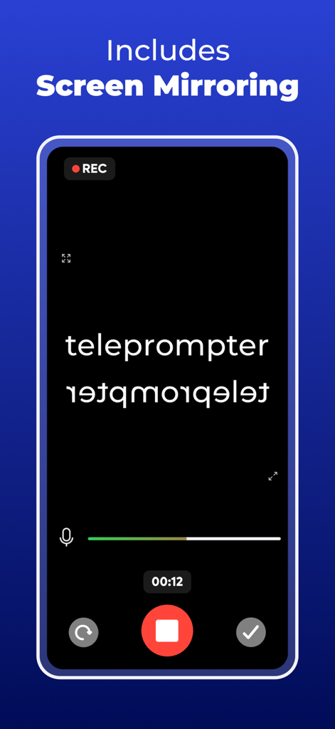 Teleprompter - VILO - Oberfläche der VILO Teleprompter App, die die Bildschirmspiegelungsfunktion für professionelle Videoproduktions-Rigs demonstriert