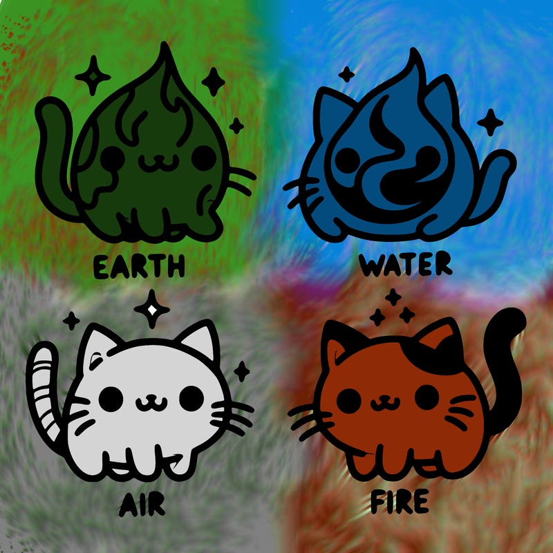 4 cats that represent the different elements, earth, water, air, and fire