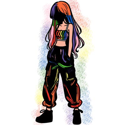 girl in baggy pants crop top and long hair