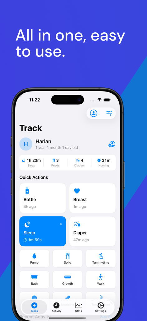 Baby Tracker - Feed & Sleep - iPhone screen displaying the Baby Tracker app dashboard with daily activity logs for a newborn