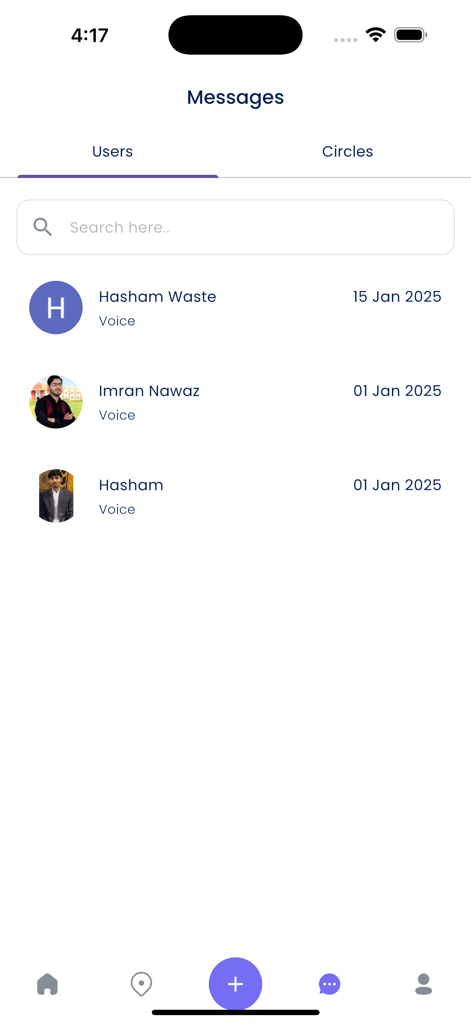 Messaging interface of the Family Circle app showing a list of users and dates
