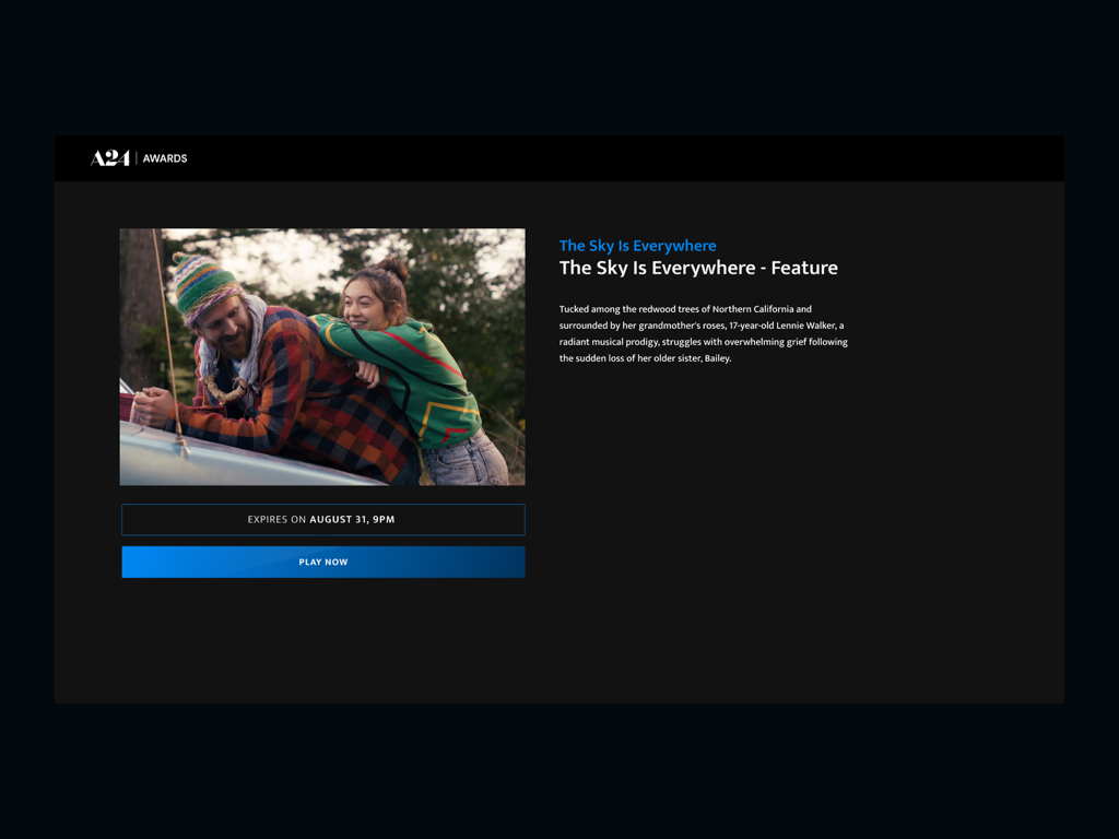 Interface of the A24 Awards app showing movie details for The Sky Is Everywhere with a Play Now button