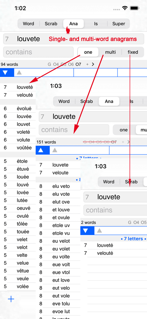 Una captura de pantalla de la aplicación F Words Finder French PRO que muestra resultados de búsqueda de anagramas de una y múltiples palabras para palabras francesas