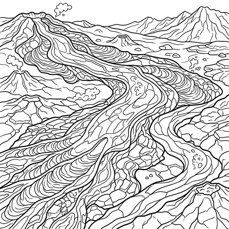 Dive into the intense beauty of a volcanic eruption with this captivating sheet lava flows coloring page. Witness the powerful movement of molten rock as it carves its path through a rugged landscape, waiting for your vibrant touch.
