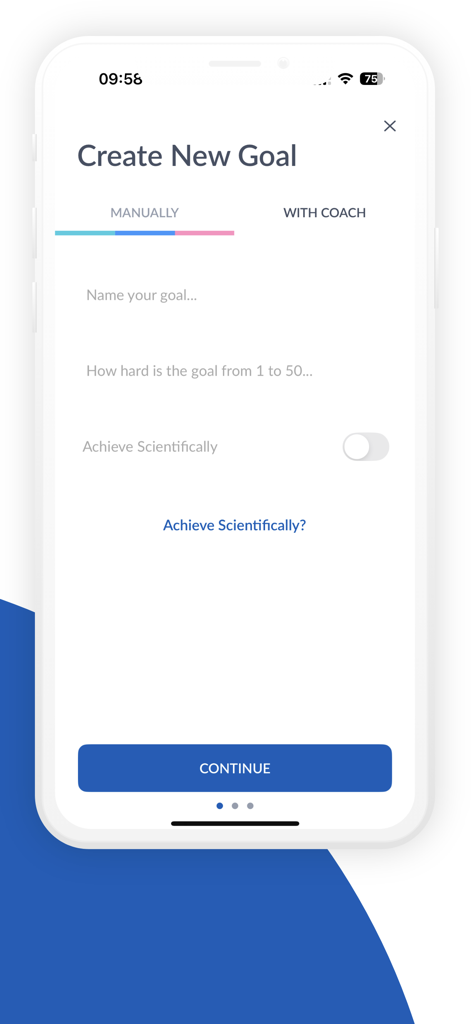 Achieve Me - Life Goals - Screen for creating a new goal in the Achieve Me app with options to set goals manually or with an AI coach