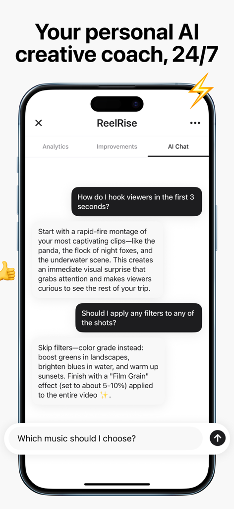 Interfaz de chat de IA de la aplicación ReelRise que proporciona asesoramiento creativo personalizado para vídeos cortos virales