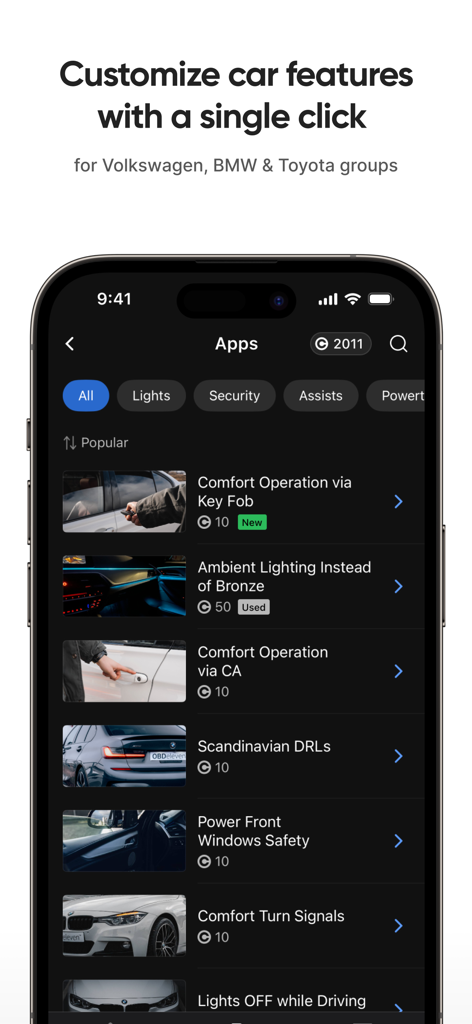 OBDeleven app interface displaying one-click customization features for Volkswagen BMW and Toyota models