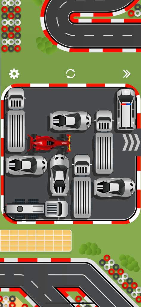 A sliding block puzzle game screen where a red race car must escape a crowded parking lot of silver vehicles.