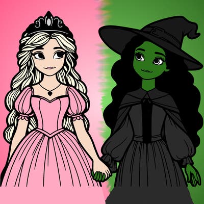 a princess and a witch holding hands realistic