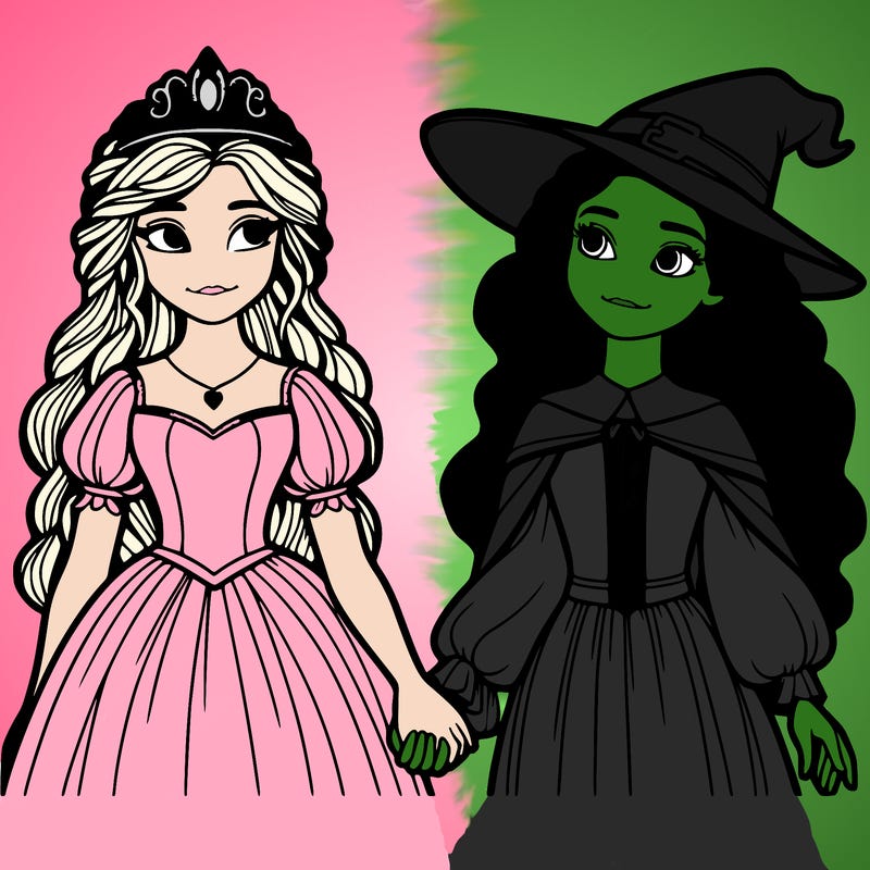 a princess and a witch holding hands realistic