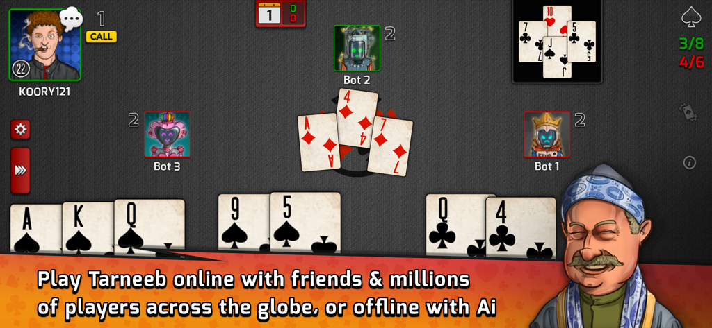Pocket Tarneeb - Pocket Tarneeb mobile app interface showing a card game match with online and offline play options.