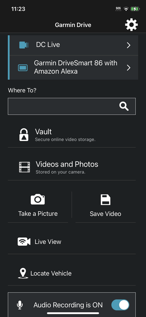 Main dashboard of the Garmin Drive app showing dash cam and navigation controls