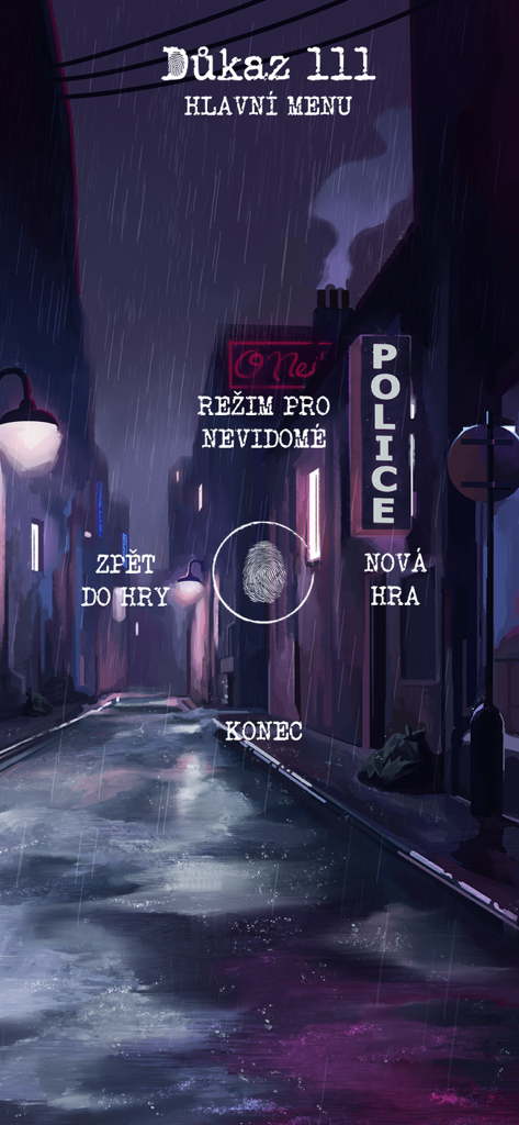 Důkaz 111 - Pantalla del menú principal de Evidence 111 con una sombría calle de los años 80 lluviosa por la noche con opciones de tema de detective.