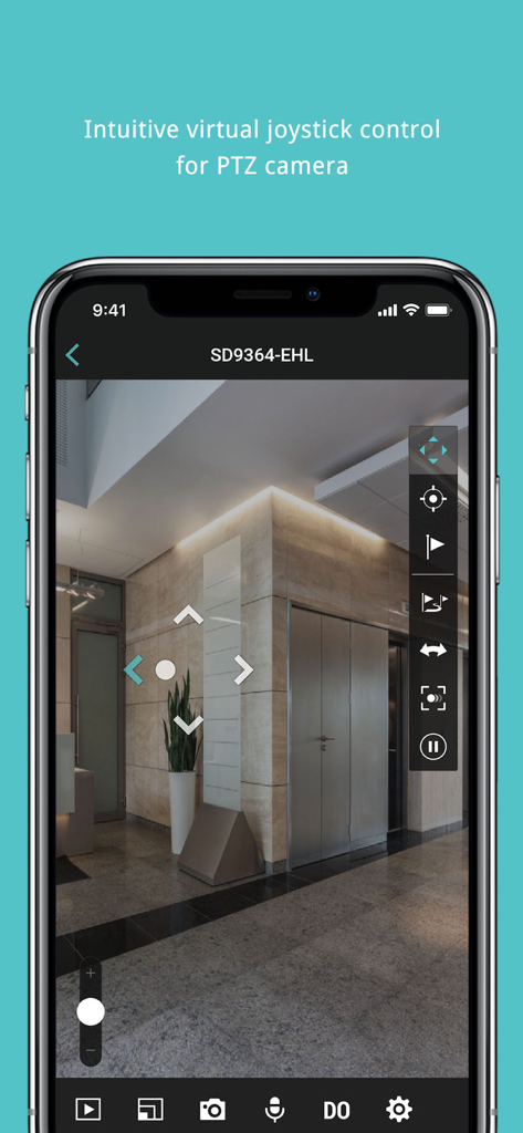 Interfaz de la aplicación VIVOTEK iViewer que muestra control de joystick virtual para cámaras de seguridad PTZ