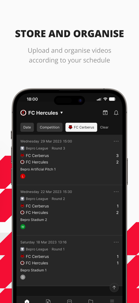 Interface de l'application BEPRO Sports pour stocker et organiser les vidéos de match par calendrier