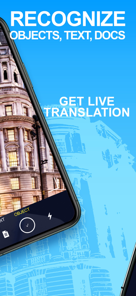 A mobile app interface displaying live translation and object recognition features