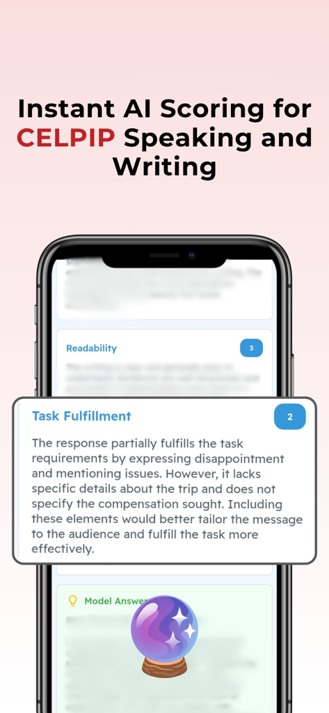 CELPIP模擬テストアプリのインターフェースが表示され、ライティングタスクに対する即時AI採点と詳細なフィードバックが表示されているスクリーンショット。
