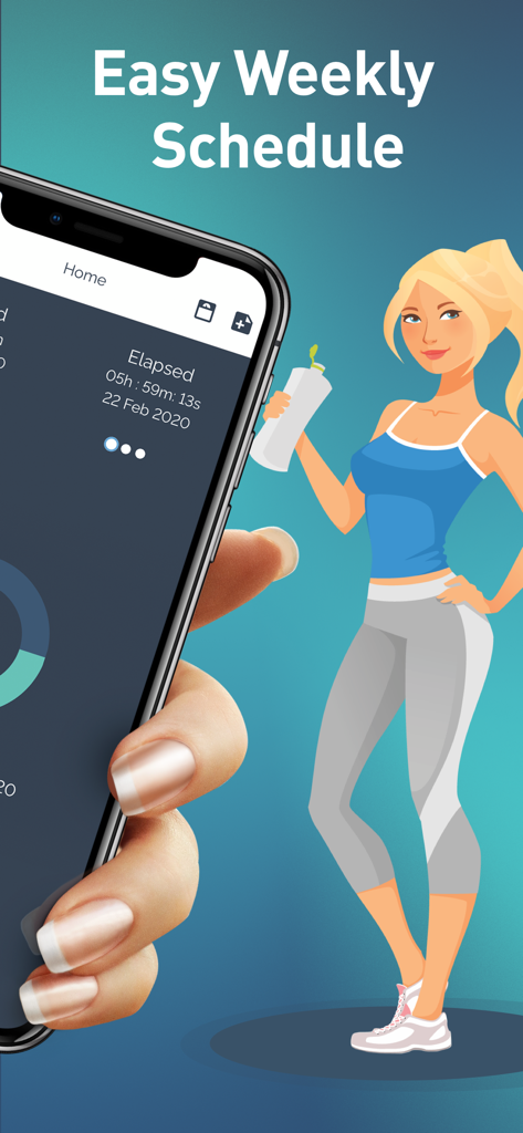 Una mano sosteniendo un smartphone que muestra el temporizador de la aplicación de ayuno intermitente MyFast junto a la ilustración de una mujer en forma