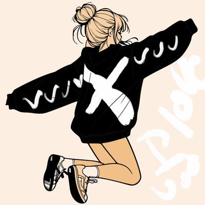 realistic girl jumping with a bun and oversized sweatshirt