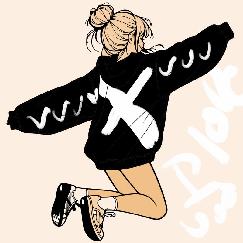 realistic girl jumping with a bun and oversized sweatshirt