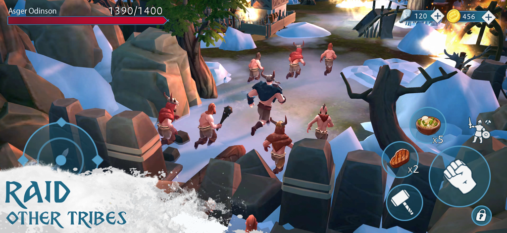 Vinland Tales: Viking Survival - Un grupo de guerreros vikingos saqueando un asentamiento en un paisaje nevado dentro del juego móvil Vinland Tales.