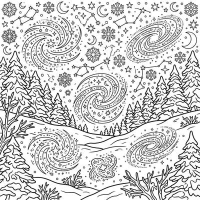 Dive into a breathtaking winter night sky where distant dwarf galaxies illuminate a snowy landscape. This enchanting coloring page blends the serene beauty of winter with the wonders of the cosmos for an out-of-this-world artistic journey.