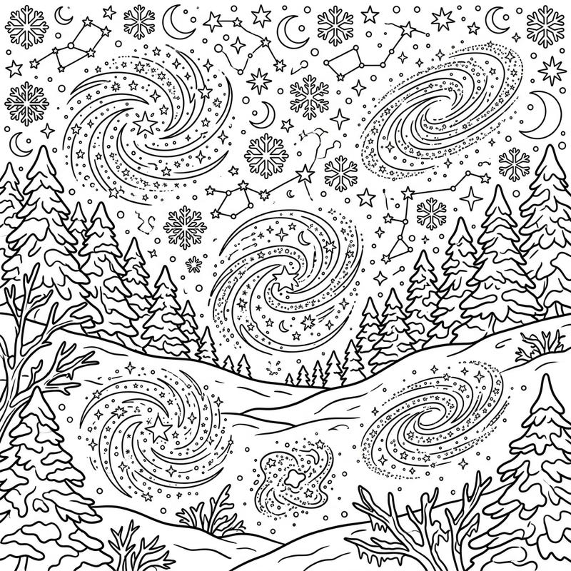 Dive into a breathtaking winter night sky where distant dwarf galaxies illuminate a snowy landscape. This enchanting coloring page blends the serene beauty of winter with the wonders of the cosmos for an out-of-this-world artistic journey.