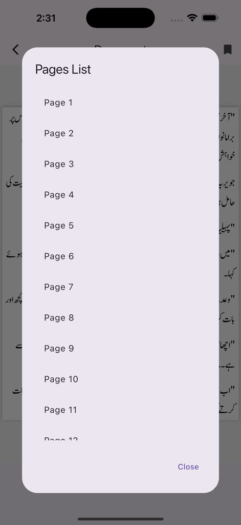 Pages list menu overlay in the Peer e Kamil Urdu novel app