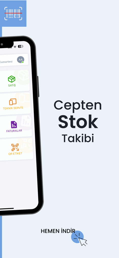 Interfaz de la aplicación BarkodPOS Gsm en un smartphone mostrando seguimiento de stock móvil y gestión de ventas