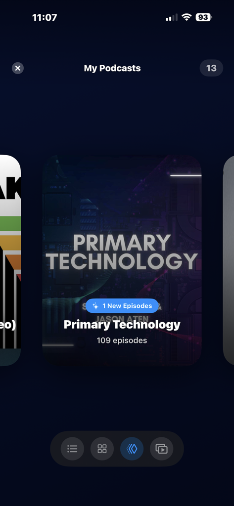 The My Podcasts library screen in the Modcast app featuring a podcast card for Primary Technology with a clean dark interface
