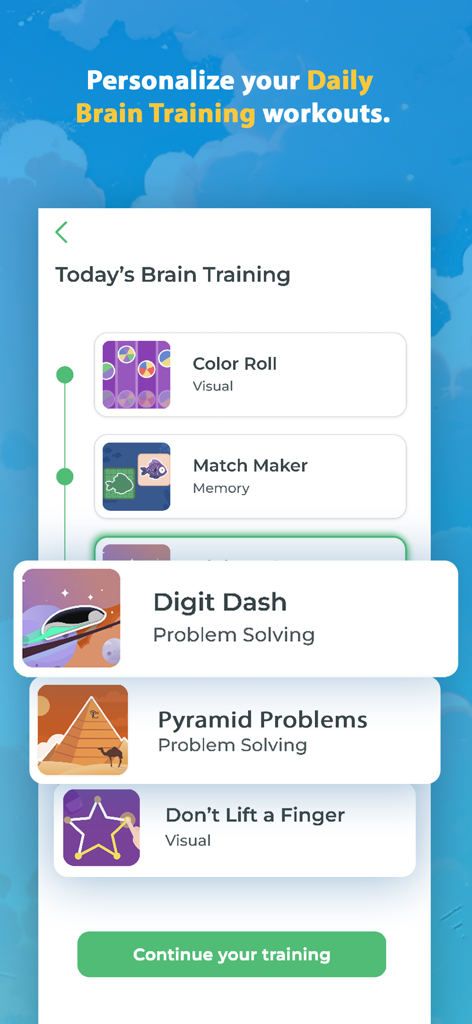 Brainwell Brain Training Games - Brainwell app screen displaying personalized daily brain training games for memory and problem solving