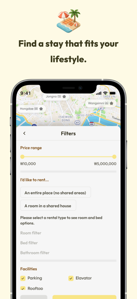 enkostay - No deposit in Korea - Mobile app interface showing search filters for housing in Korea including price range and rental types